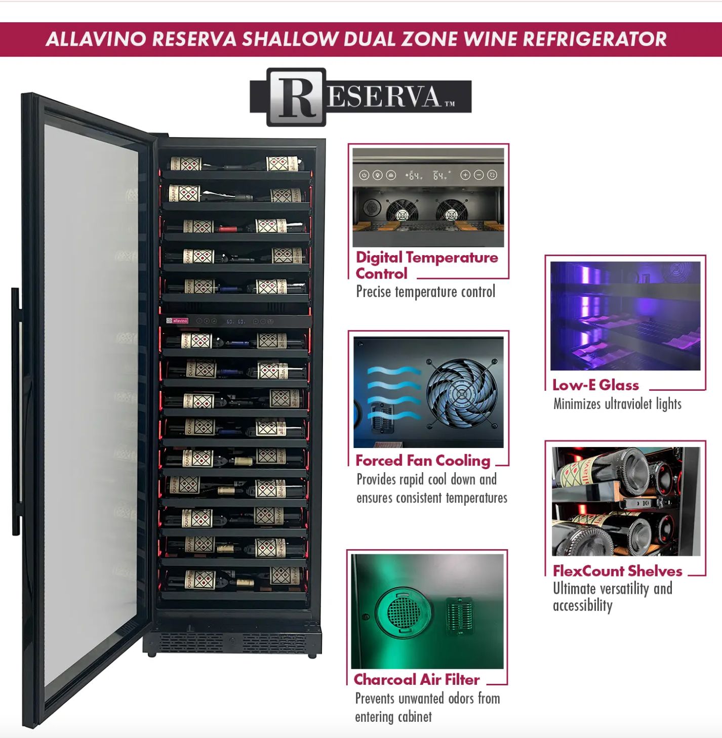 Allavino Reserva Series 67 Bottle Single Zone Shallow Built-in Wine Cooler Refrigerator with Black Glass Door