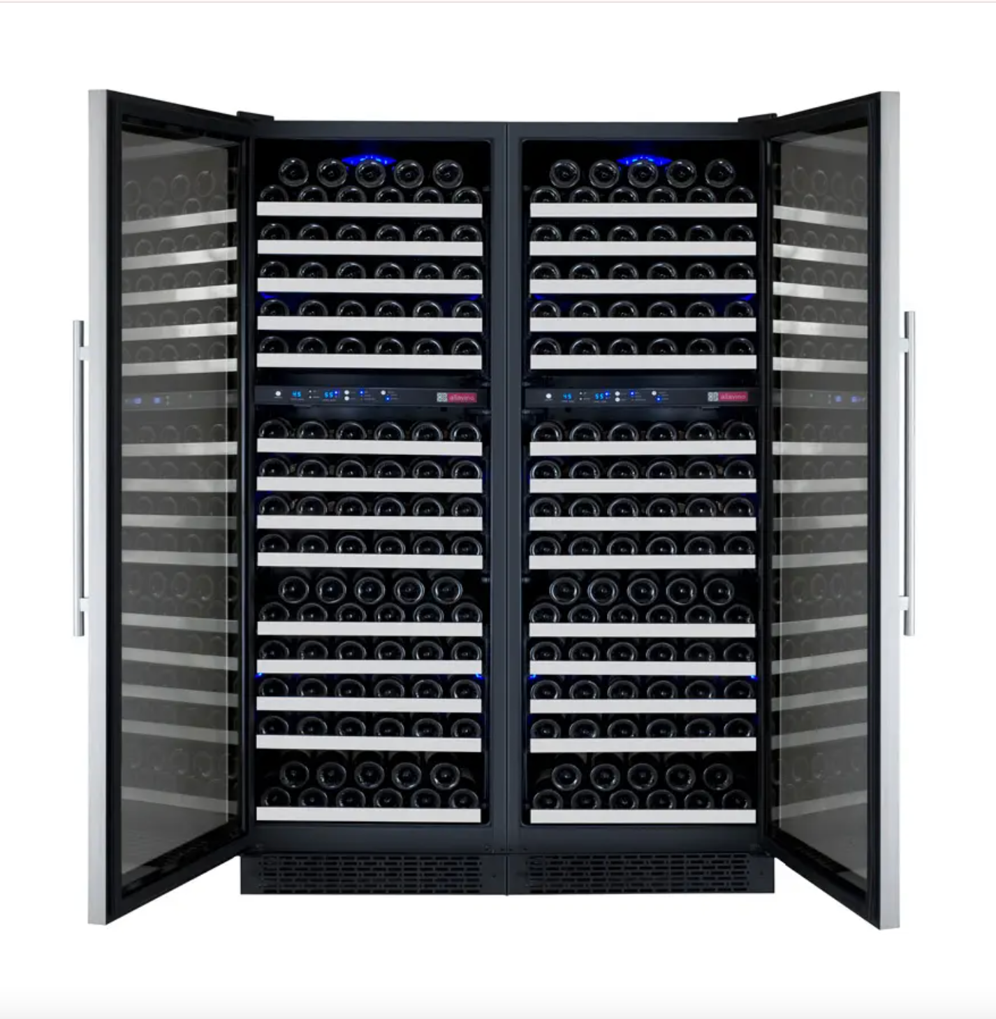 Allavino FlexCount Series 344 Bottle Four Zone Tall Side-by-Side Wine Refrigerators with Black Doors