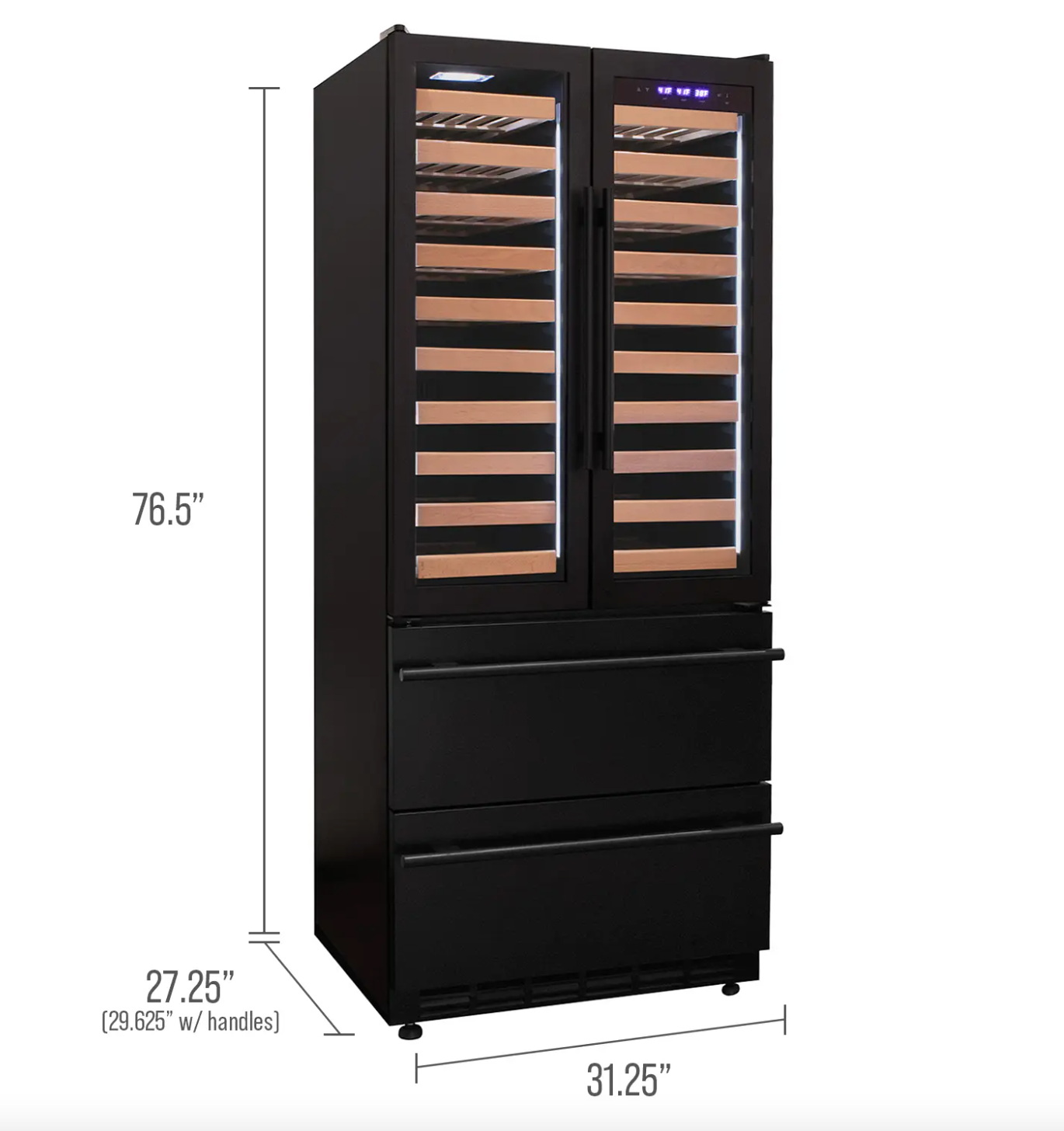 Allavino 100 Bottle Stainless Steel French Doors Dual Zone Wine Refrigerator with Two Refrigerated Drawers