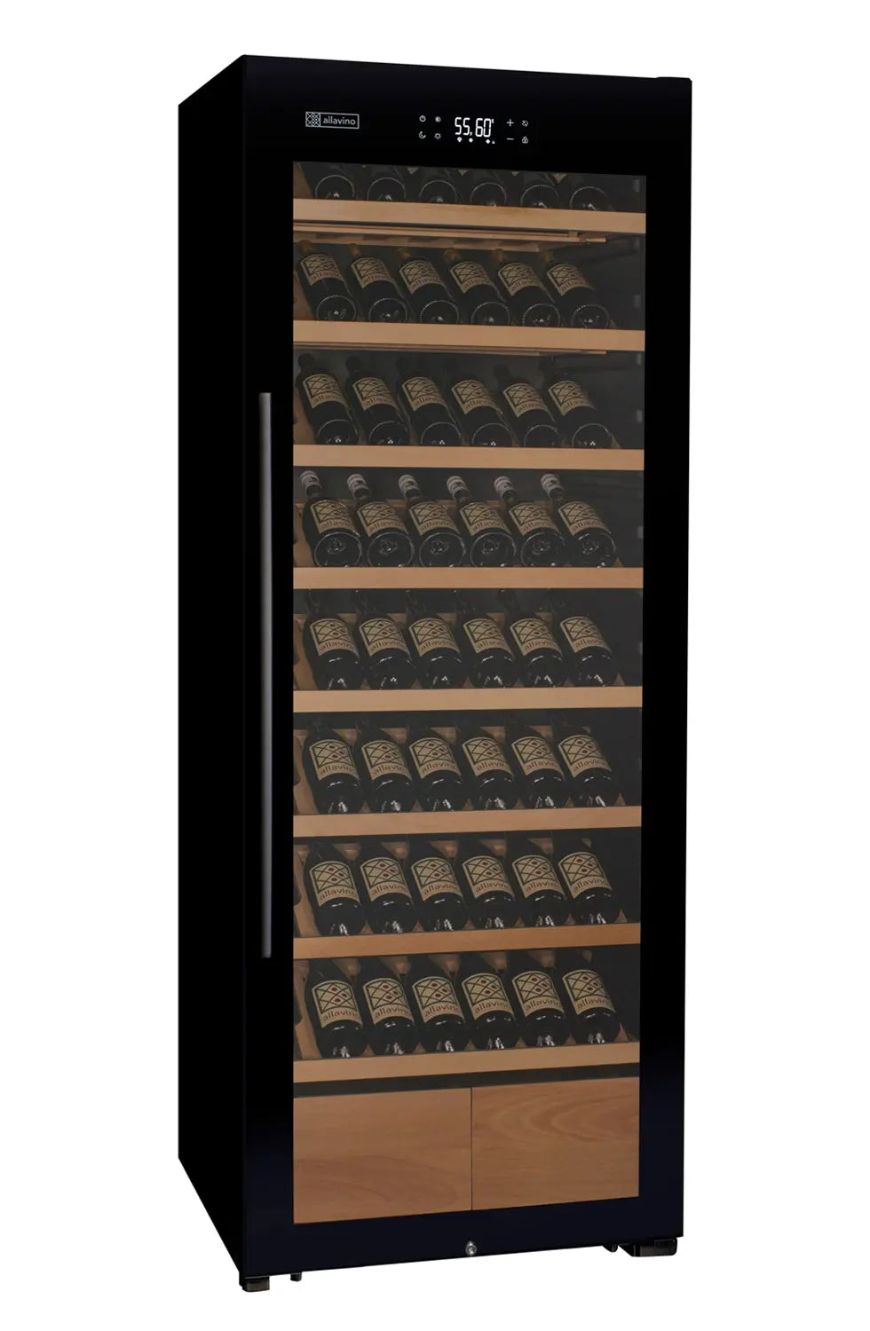 Allavino 496 Bottle Dual Zone Freestanding Wine Refrigerator with Display Shelving and Black Glass Door - Side-by-Side