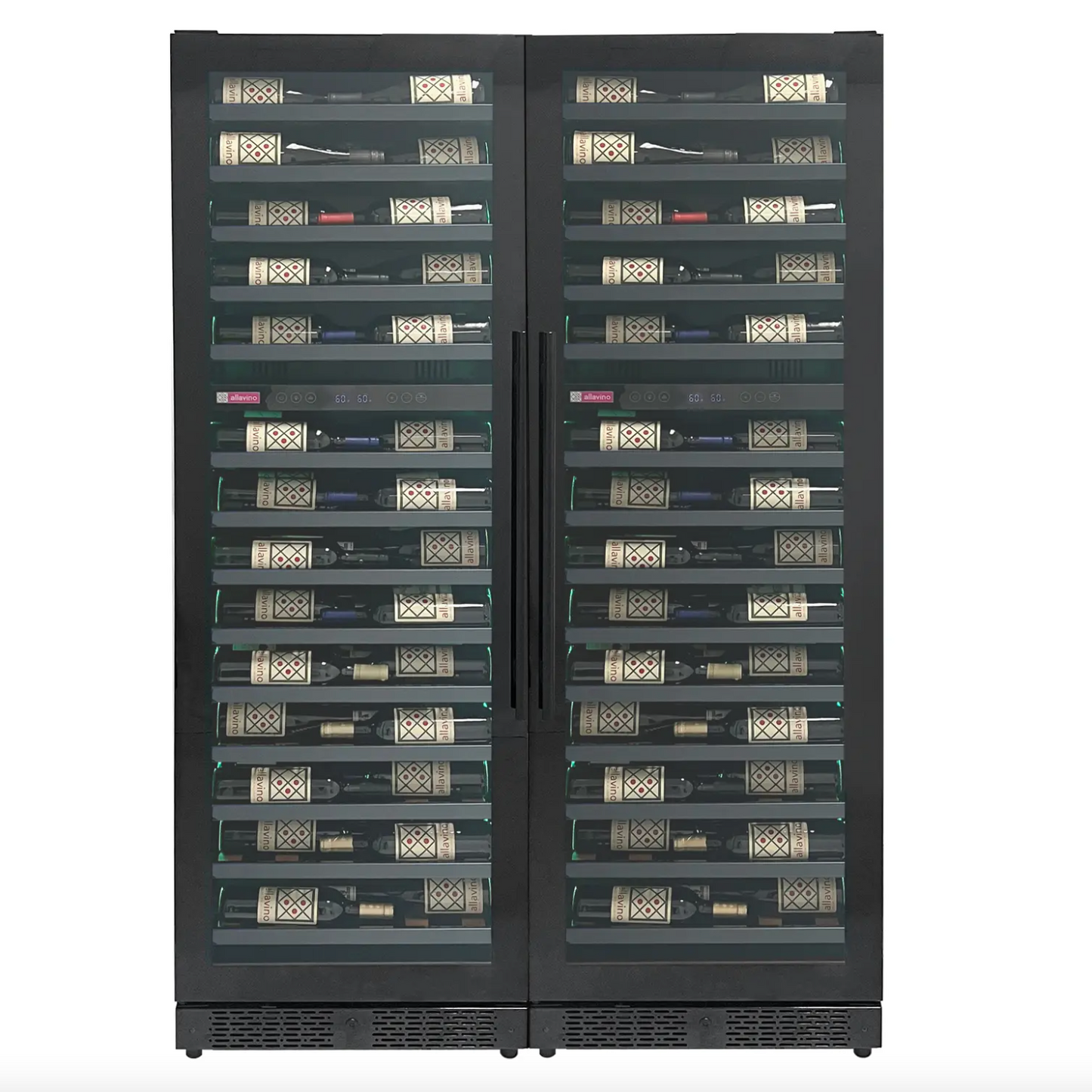 Allavino Reserva Series 134 Bottle 71" Shallow Four Zone Side-by-Side Wine Refrigerators with Black Doors and Wood Front Shelves