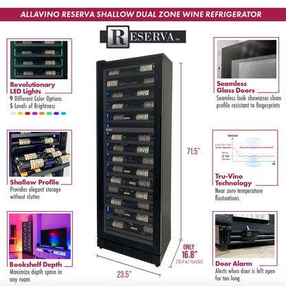 Allavino Reserva Series 134 Bottle 71" Shallow Four Zone Side-by-Side Wine Refrigerators with Black Doors and Wood Front Shelves