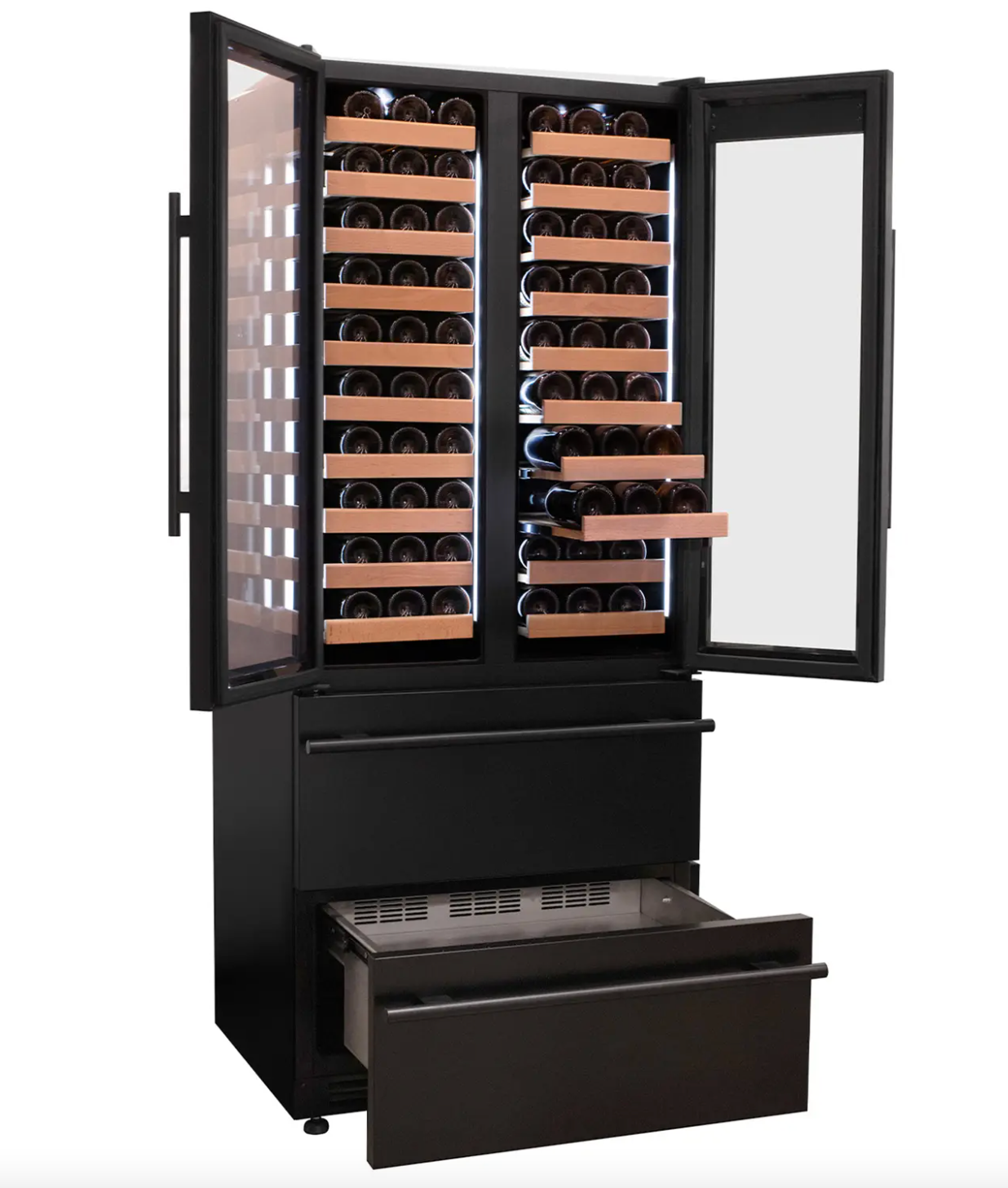 Allavino 100 Bottle Stainless Steel French Doors Dual Zone Wine Refrigerator with Two Refrigerated Drawers