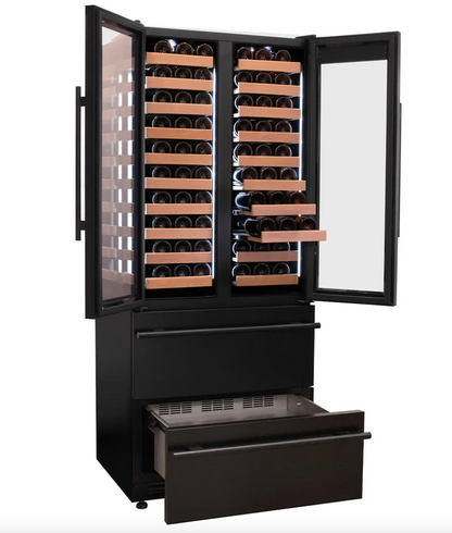 Allavino 100 Bottle Stainless Steel French Doors Dual Zone Wine Refrigerator with Two Refrigerated Drawers