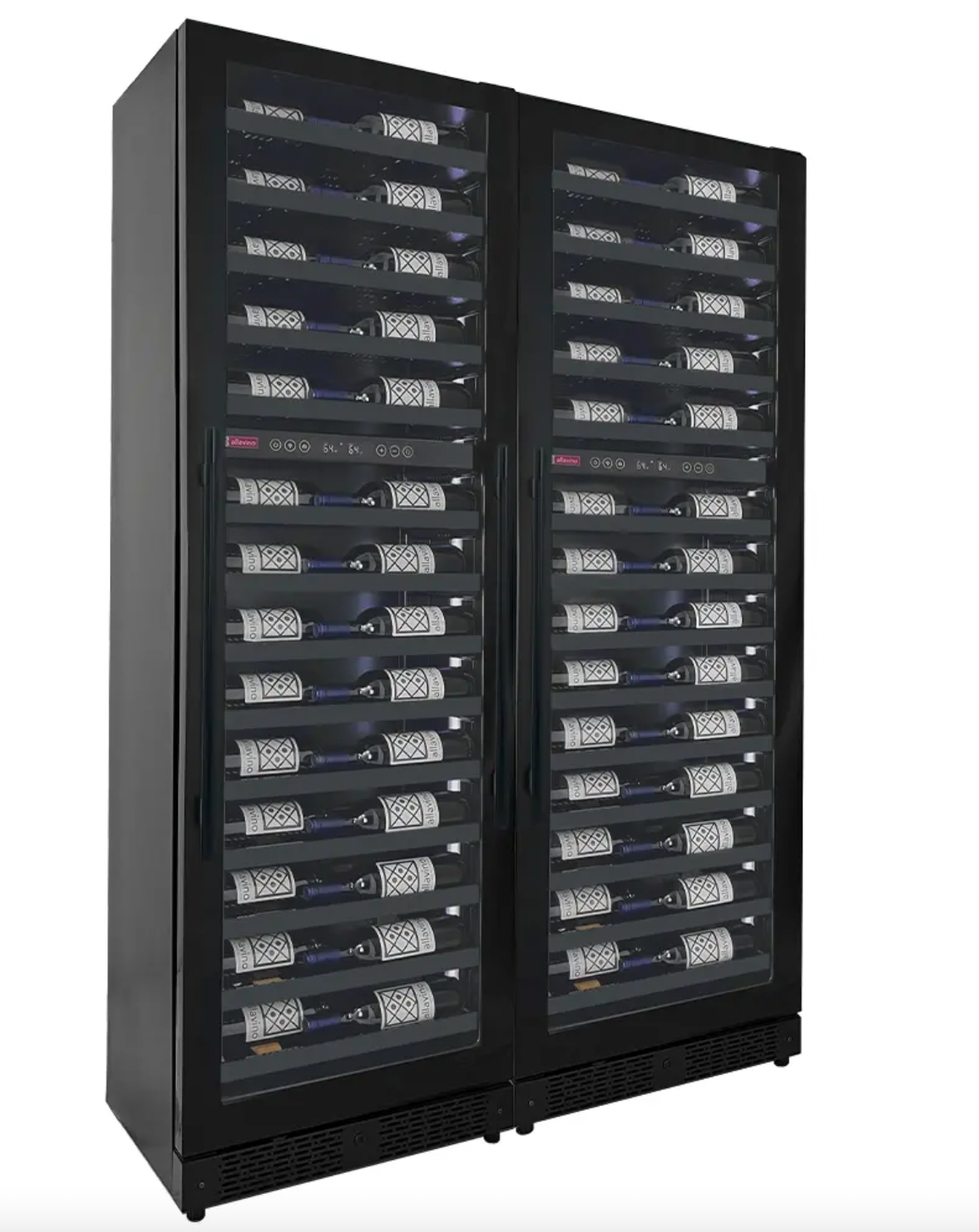 Allavino Reserva Series 134 Bottle 71" Shallow Four Zone Side-by-Side Wine Refrigerators with Black Doors and Wood Front Shelves