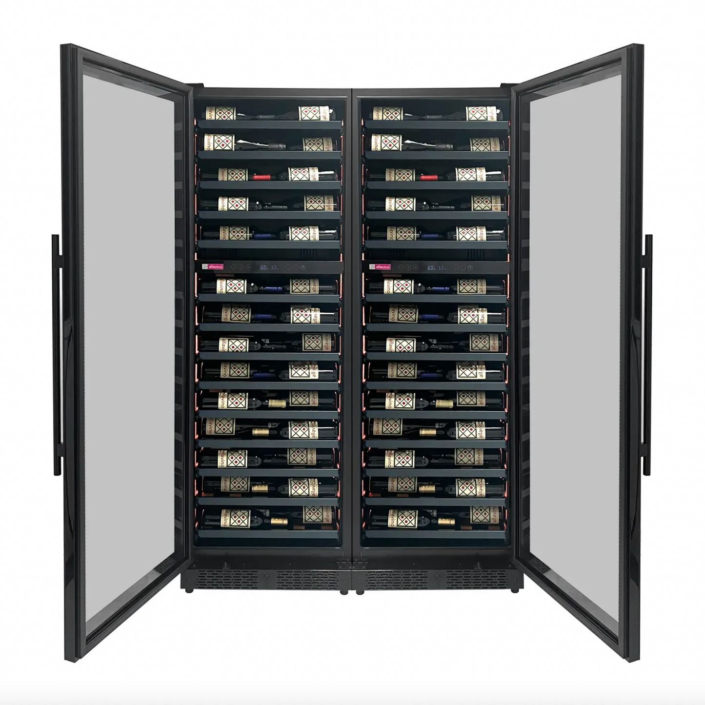 Allavino Reserva Series 134 Bottle 71" Shallow Four Zone Side-by-Side Wine Refrigerators with Black Doors and Wood Front Shelves