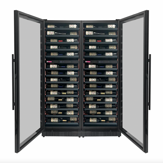Allavino Reserva Series 134 Bottle 71" Shallow Four Zone Side-by-Side Wine Refrigerators with Black Doors and Wood Front Shelves