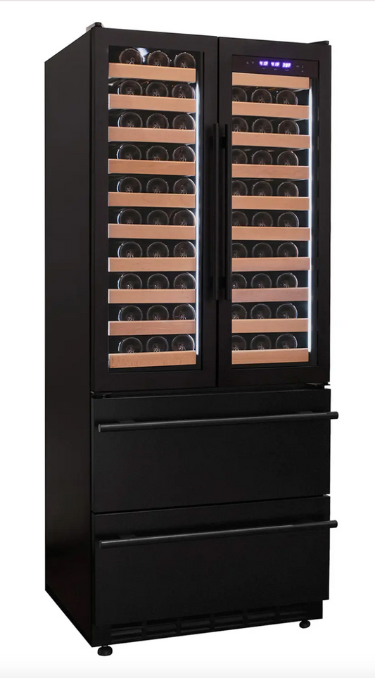 Allavino 100 Bottle Stainless Steel French Doors Dual Zone Wine Refrigerator with Two Refrigerated Drawers