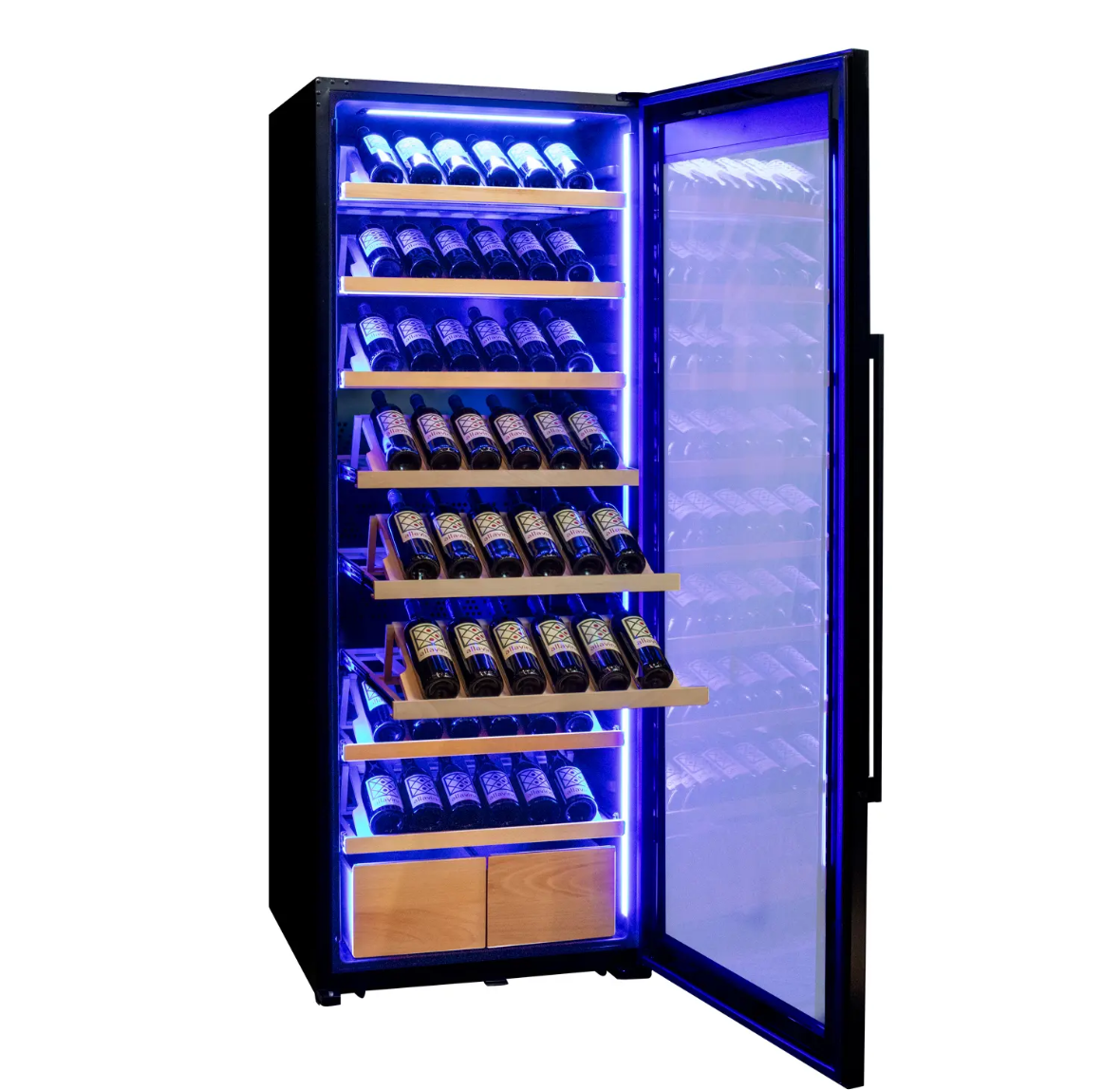 Allavino 496 Bottle Dual Zone Freestanding Wine Refrigerator with Display Shelving and Black Glass Door - Side-by-Side