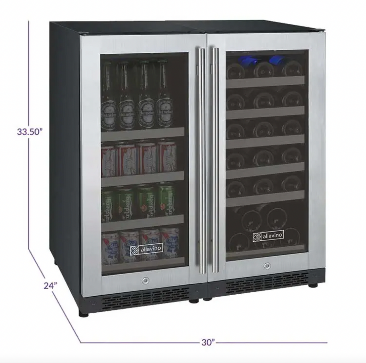 Allavino 30" Wide FlexCount II Tru-Vino 30 Bottle/88 Can Dual Zone Stainless Steel Built-In Wine Refrigerator/Beverage Center