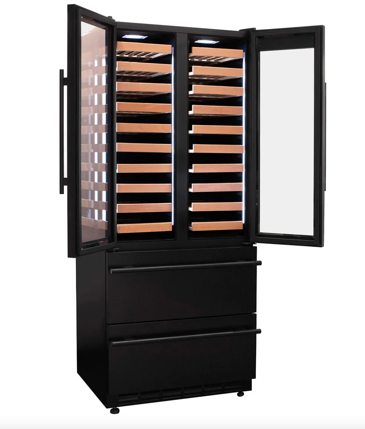 Allavino 100 Bottle Stainless Steel French Doors Dual Zone Wine Refrigerator with Two Refrigerated Drawers