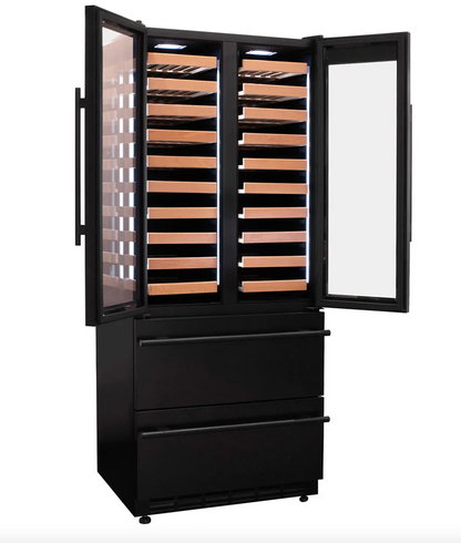 Allavino 100 Bottle Stainless Steel French Doors Dual Zone Wine Refrigerator with Two Refrigerated Drawers
