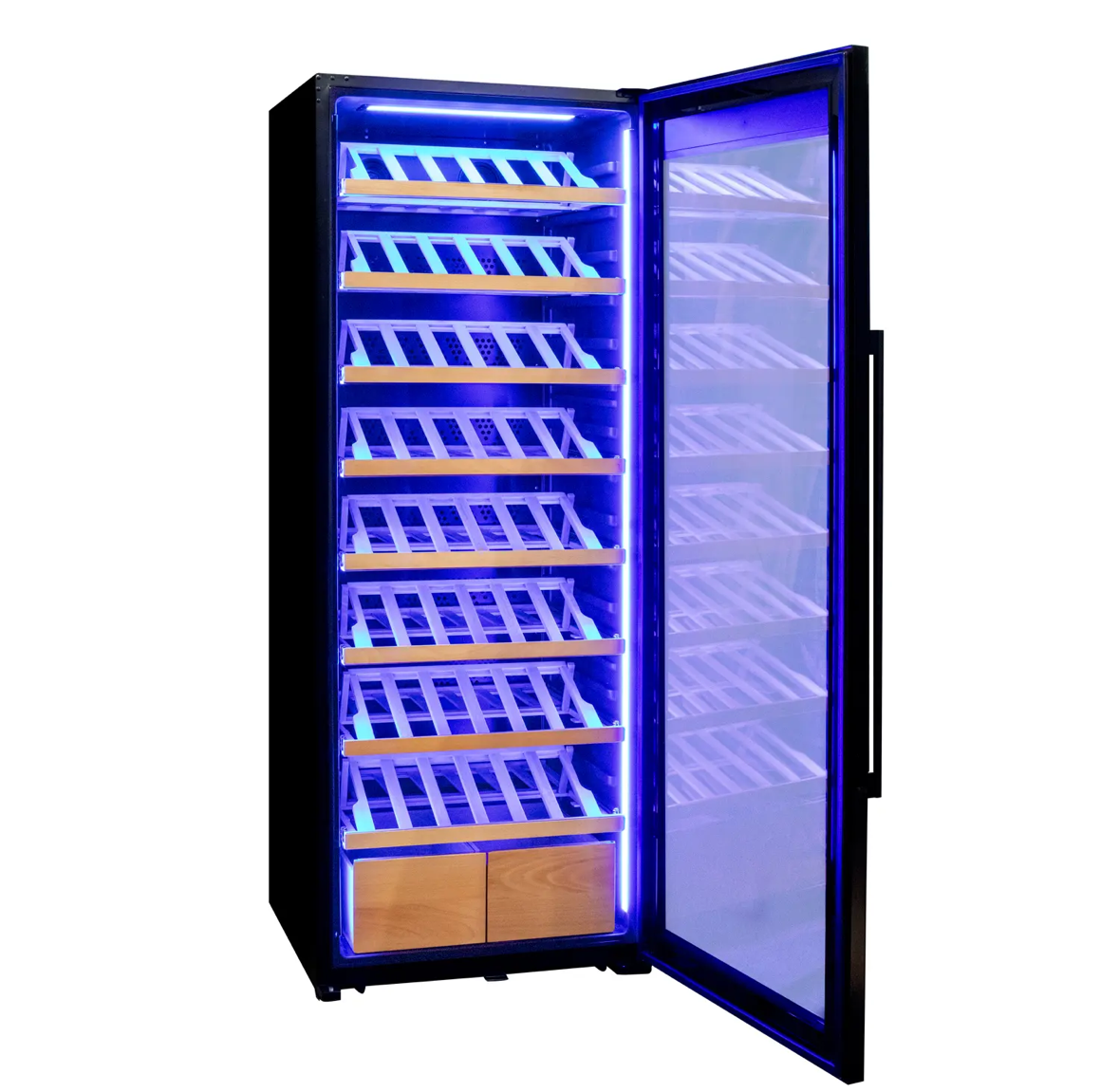 Allavino 496 Bottle Dual Zone Freestanding Wine Refrigerator with Display Shelving and Black Glass Door - Side-by-Side