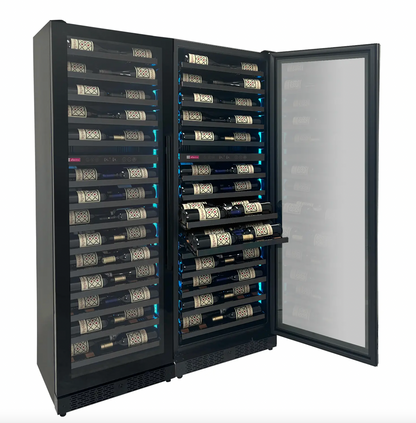 Allavino Reserva Series 134 Bottle 71" Shallow Four Zone Side-by-Side Wine Refrigerators with Black Doors and Wood Front Shelves