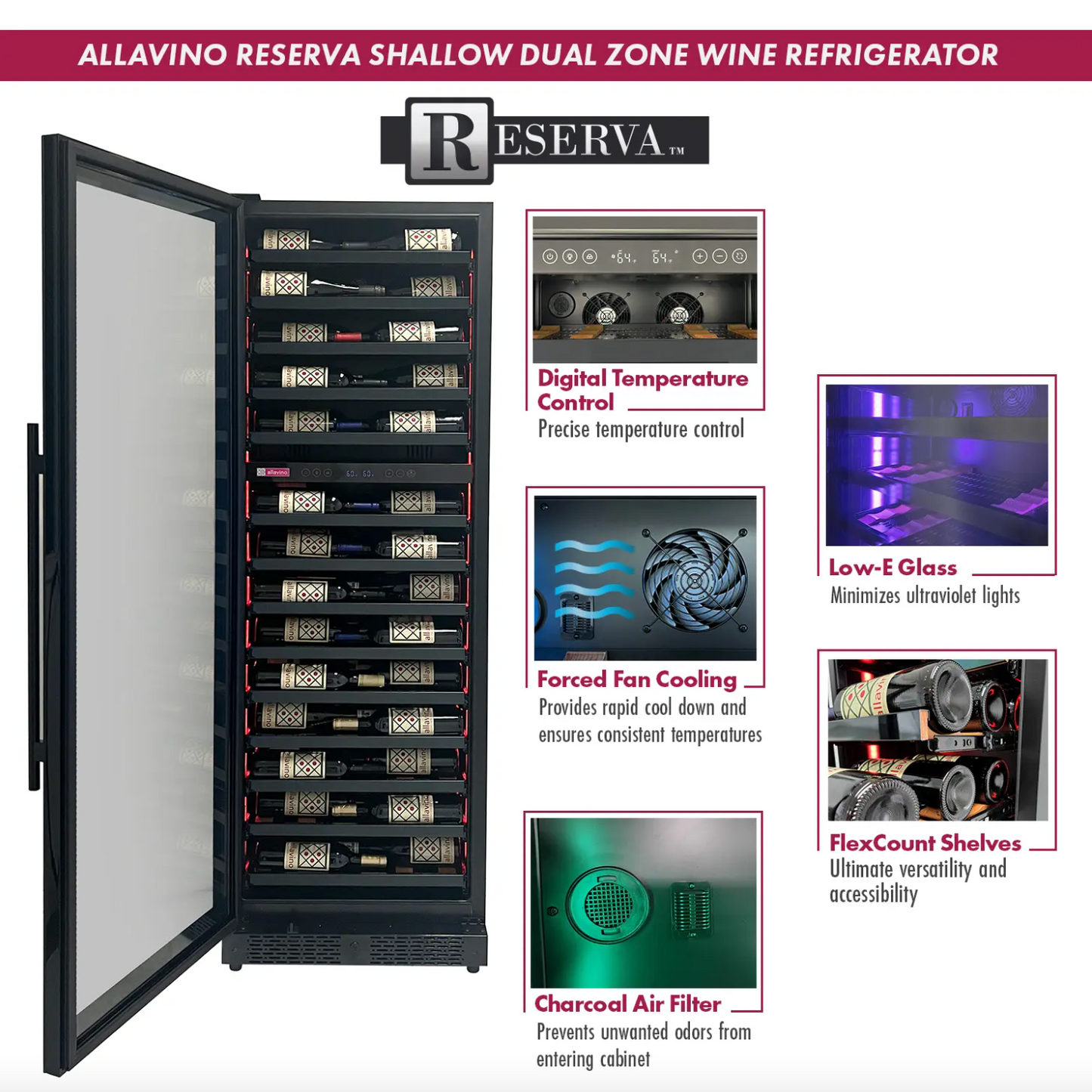 Allavino Reserva Series 134 Bottle 71" Shallow Four Zone Side-by-Side Wine Refrigerators with Black Doors and Wood Front Shelves