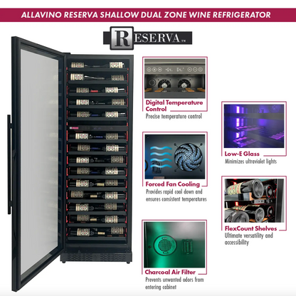 Allavino Reserva Series 134 Bottle 71" Shallow Four Zone Side-by-Side Wine Refrigerators with Black Doors and Wood Front Shelves