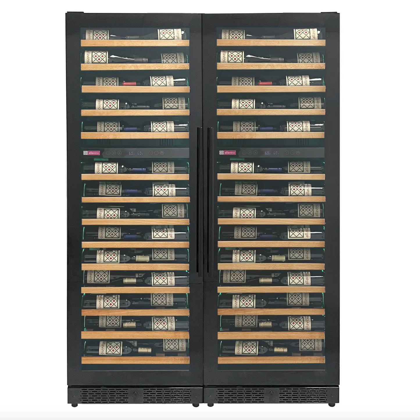 Allavino Reserva Series 134 Bottle 71" Shallow Four Zone Side-by-Side Wine Refrigerators with Black Doors and Wood Front Shelves