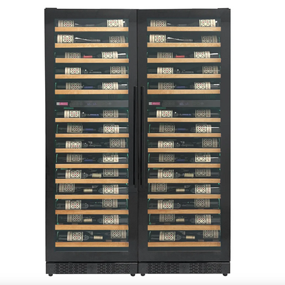 Allavino Reserva Series 134 Bottle 71" Shallow Four Zone Side-by-Side Wine Refrigerators with Black Doors and Wood Front Shelves
